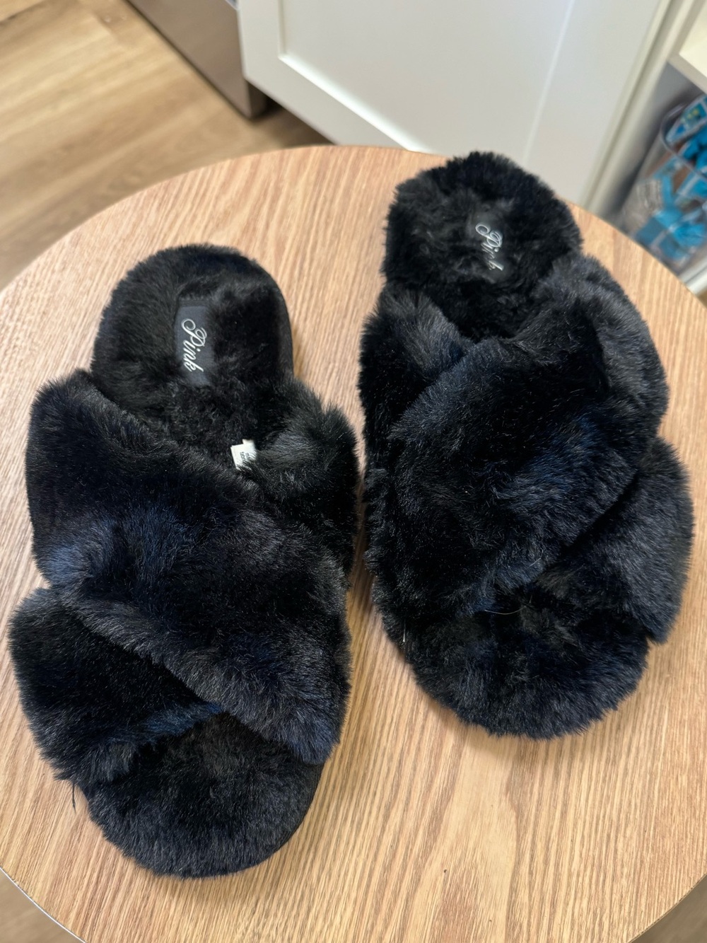 Pink by Victoria's Secret Black Plush Crisscross Slide Slippers